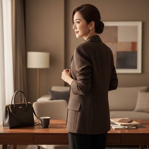 Christian Dior Brown Pinstripe Blazer Jacket Womens Size 12 Classic Tailored Loo - Picture 14 of 16